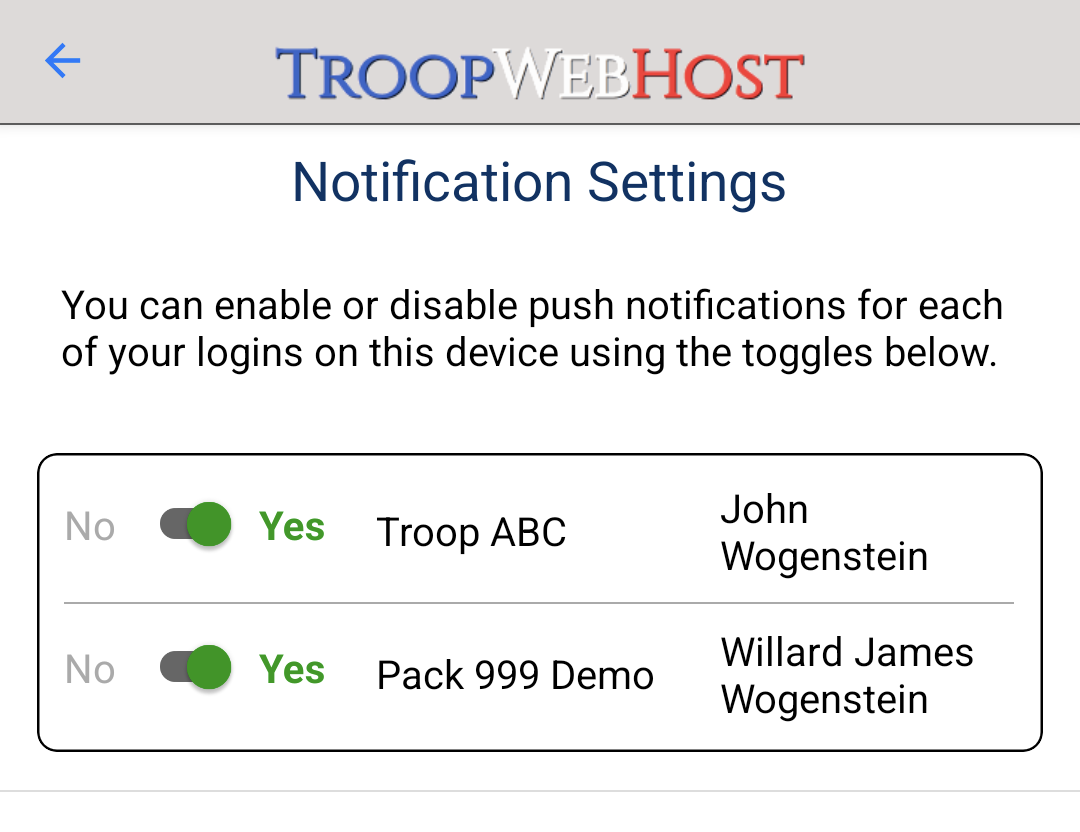 Notification Settings screen showing active logins
